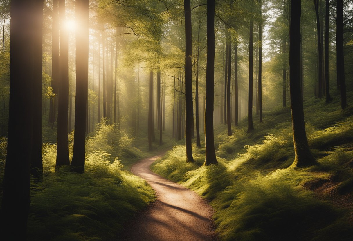 A serene forest with a winding path and a hidden clearing, surrounded by tall trees and bathed in soft, golden light
