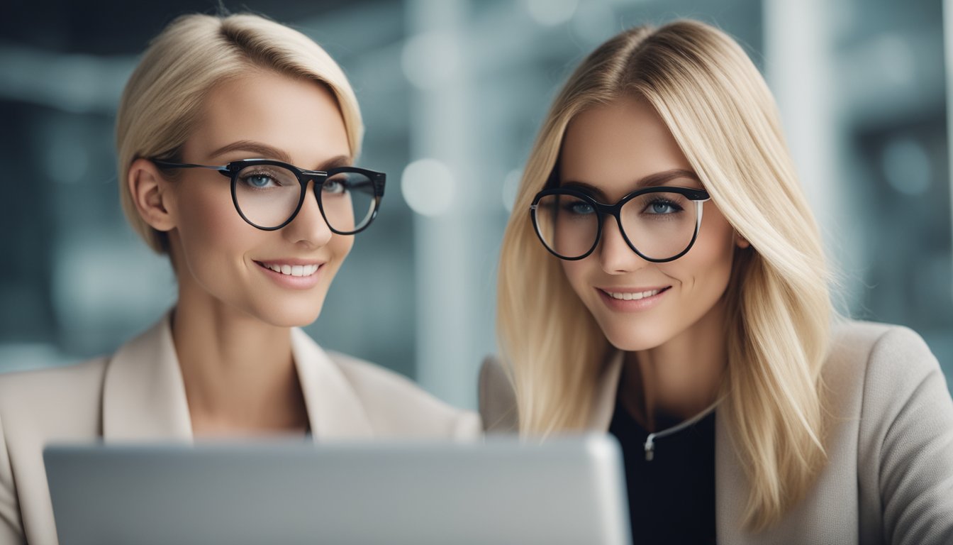 Two blonde models looking as computer screen