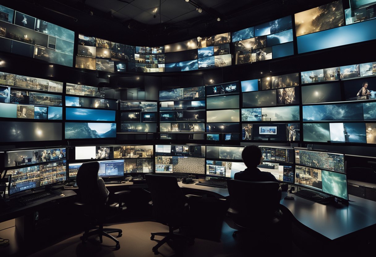 A dimly lit room with multiple computer screens displaying live webcam feeds of various nude performers