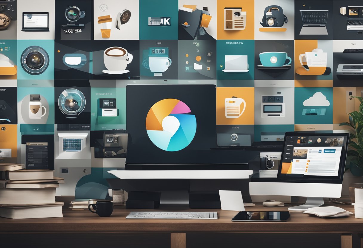 A laptop with a webcam sits on a cluttered desk, surrounded by coffee cups and papers. The screen shows a grid of thumbnail images of different webcam models
