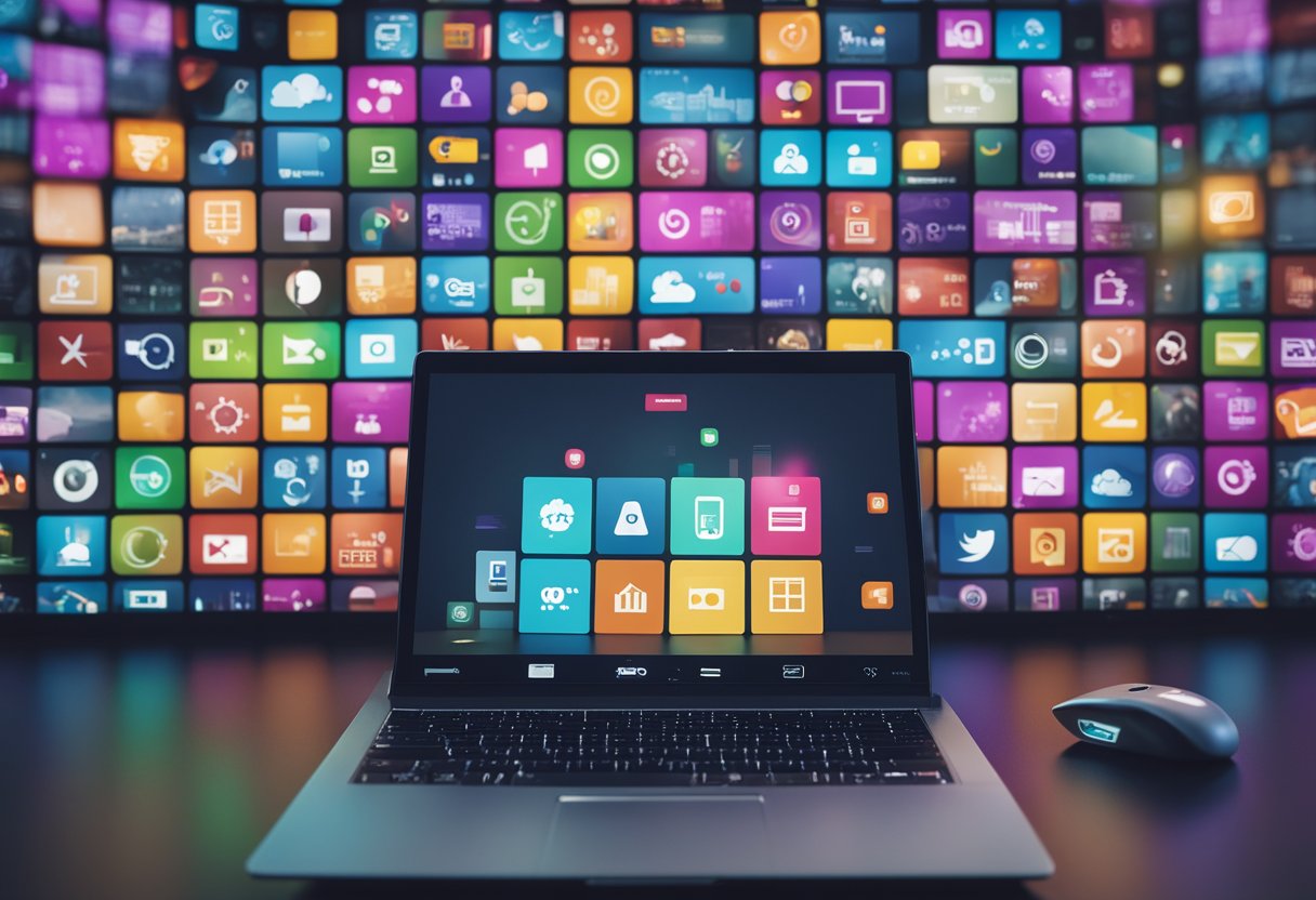 A computer screen surrounded by colorful icons of live webcam categories